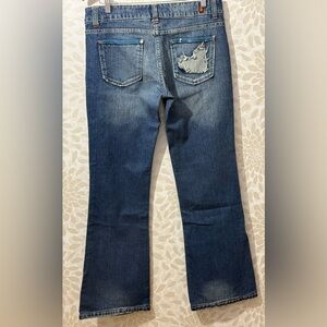 Vintage Bongo Denim Heart Patch Fabric Trim Embellished Low Rise Flare Jeans Y2K